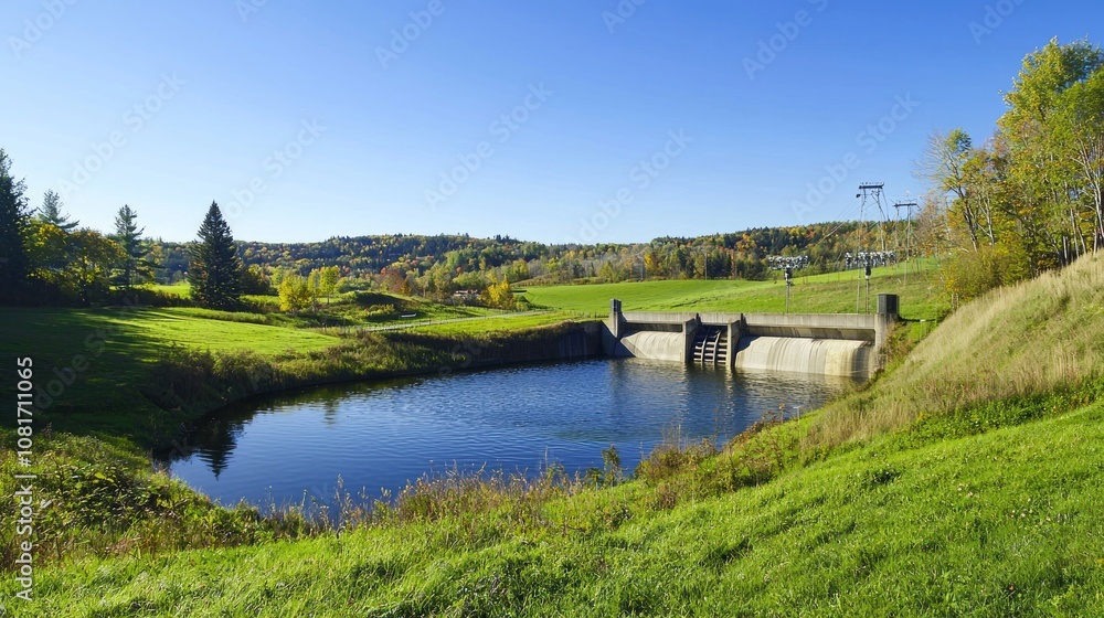 Fototapeta premium Serene Harmony: Tranquil Landscape with Small Dam and Hydroelectric Plant | Peaceful Coexistence of Nature and Energy Generation