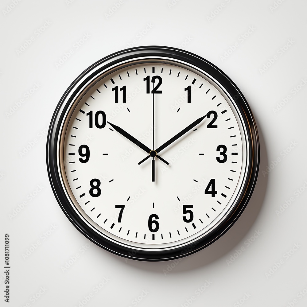 A classic analog clock with black hands and numbers against a white face and a black rim. A classic analog clock with black hands and numbers against a white face and a black rim.