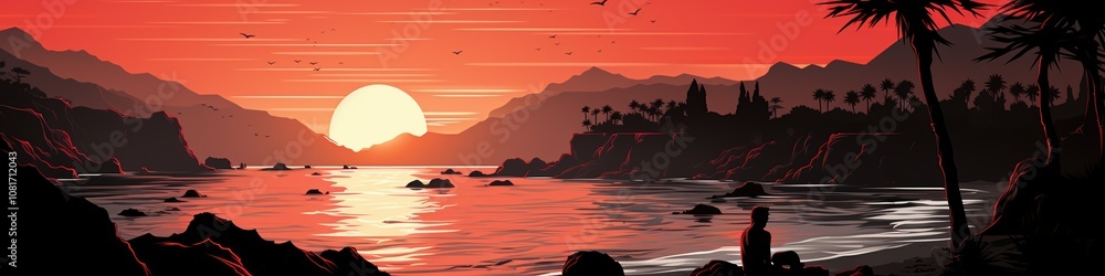 A silhouette of a man sits on a rocky beach as the sun sets over a mountain range and calm water. A silhouette of a man sits on a rocky beach as the sun sets over a mountain range and calm water.
