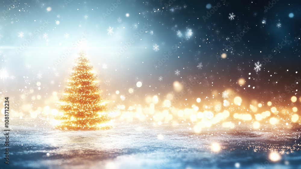 Naklejka premium Snowflakes and Christmas tree with glowing lights