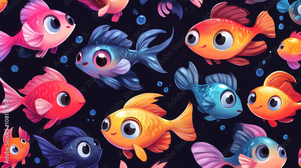 A collection of cute cartoon fish with big eyes and bright colors. These playful fish are perfect for kids' illustrations, wallpapers, and designs. A collection of cute cartoon fish with big eyes and bright colors. These playful fish are perfect for kids' illustrations, wallpapers, and designs.