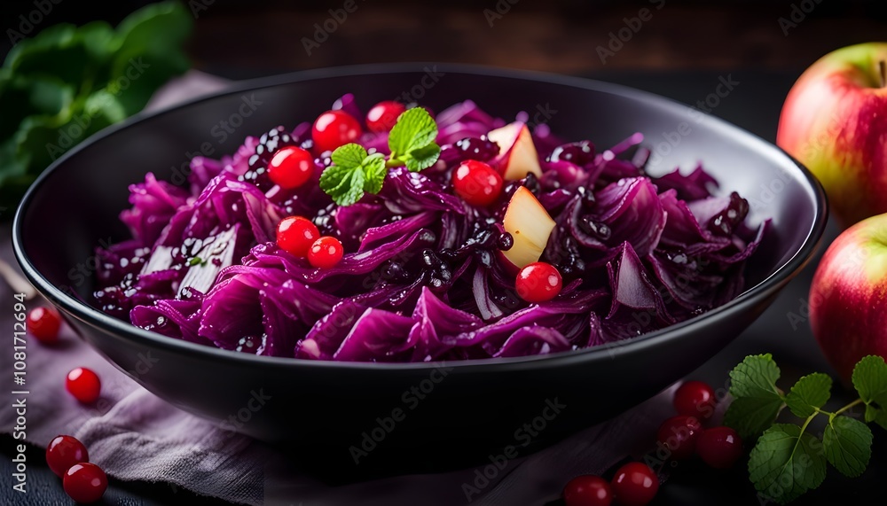 Braised Red Cabbage with apples and redcurrant in black bowl
Braised Red Cabbage with apples and redcurrant in black bowl