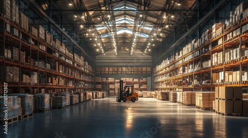 Wallpaper Mural A spacious warehouse filled with neatly stacked pallets and shelves, illuminated by warm overhead lights, showcasing a well-organized storage environment. Torontodigital.ca
