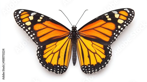 A vibrant orange and black monarch butterfly with its wings spread wide against a white background.