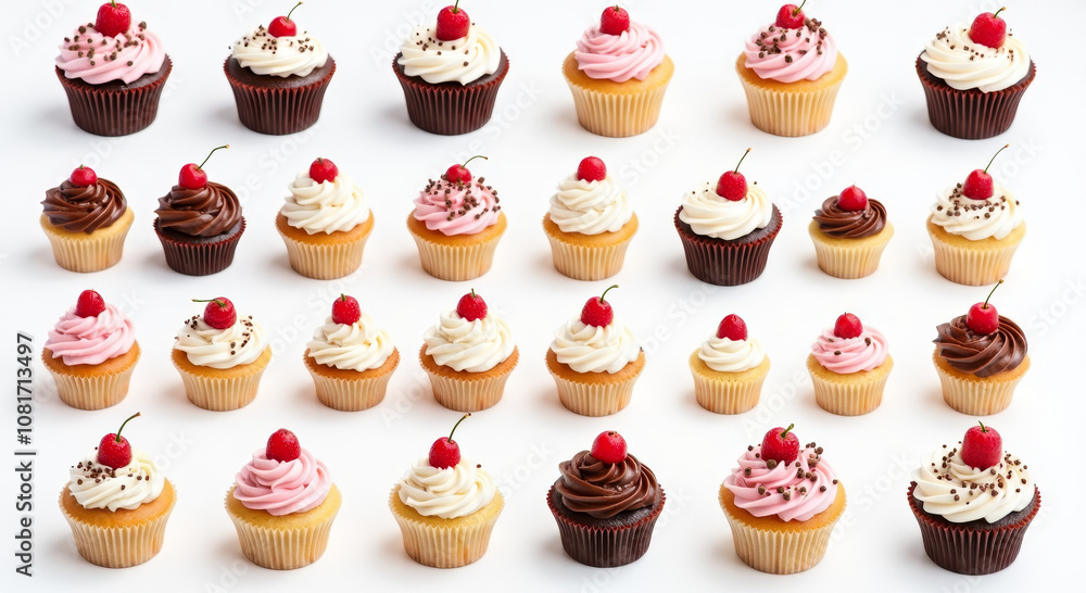 Delicious Assorted Cupcake Collection with Whipped Cream and Cherry Toppings in a Colorful Arrangement for Bakery and Dessert Lovers Delicious Assorted Cupcake Collection with Whipped Cream and Cherry Toppings in a Colorful Arrangement for Bakery and Dessert Lovers