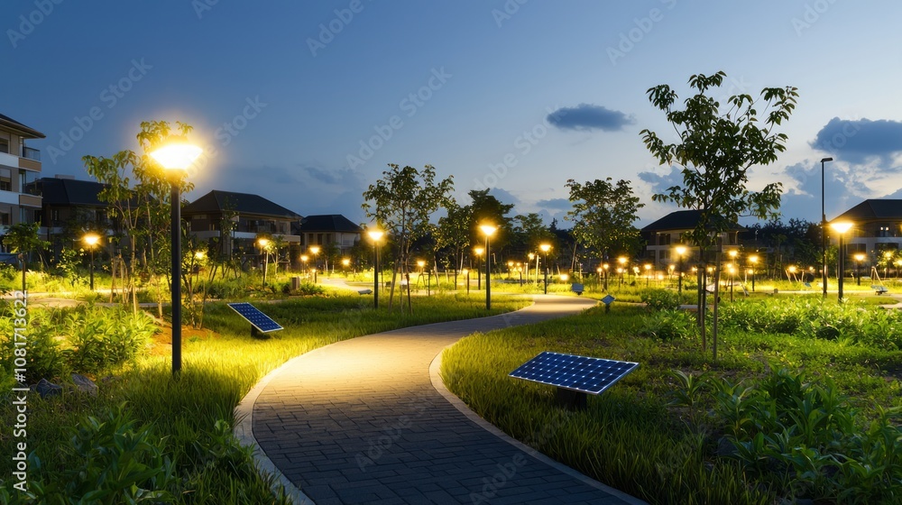 Tranquil Community Park Powered by Renewable Energy with Illuminated Solar Pathways and Green Spaces | Ultra-Detailed Image Tranquil Community Park Powered by Renewable Energy with Illuminated Solar Pathways and Green Spaces | Ultra-Detailed Image