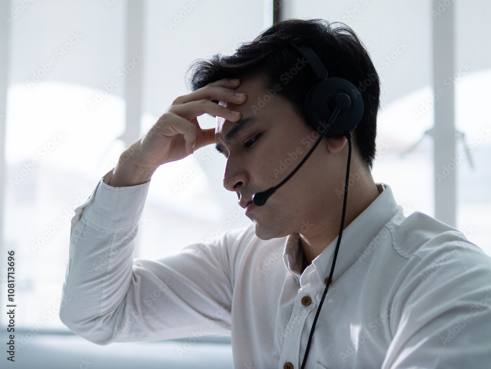Frustration in the workplace a male call center agent experiencing stress modern office environment close-up view emotional well-being Frustration in the workplace a male call center agent experiencing stress modern office environment close-up view emotional well-being