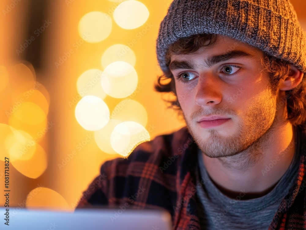 A young man focused on his laptop in a cozy, illuminated environment. A young man focused on his laptop in a cozy, illuminated environment.