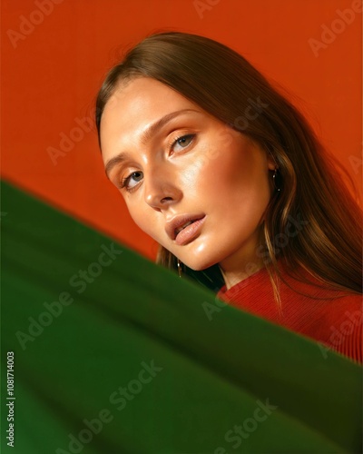 Pensive Look with Red and Green Background, Highlighting Expression