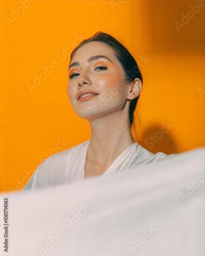 Radiant Woman with Soft Lighting Against Orange Backdrop