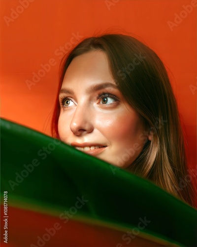 Expressive Portrait with Green and Red Background in Warm Lighting