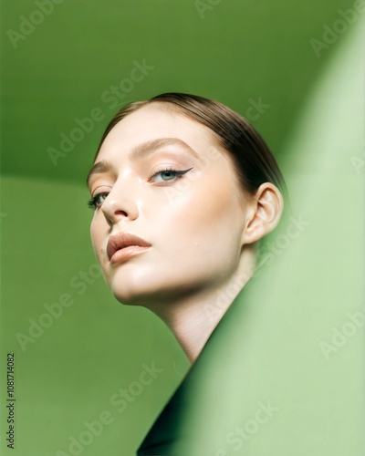 Confident Woman in Green Tones with High-Fashion Gaze