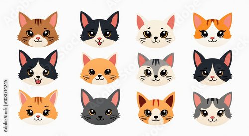 Cute Cartoon Cat Faces Illustration Set - Adorable Feline Expressions for Kids' Products and Design Projects