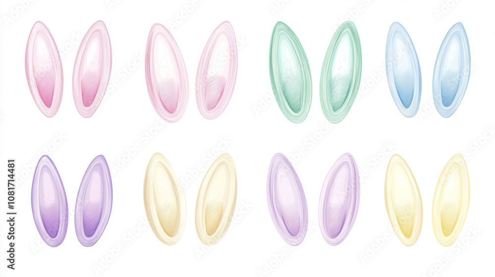 This is a collection of bunny ears in different pastel colors like pink, purple, blue, green, and yellow. They are perfect for creating artwork or designs and can be used on a white background. This is a collection of bunny ears in different pastel colors like pink, purple, blue, green, and yellow. They are perfect for creating artwork or designs and can be used on a white background.