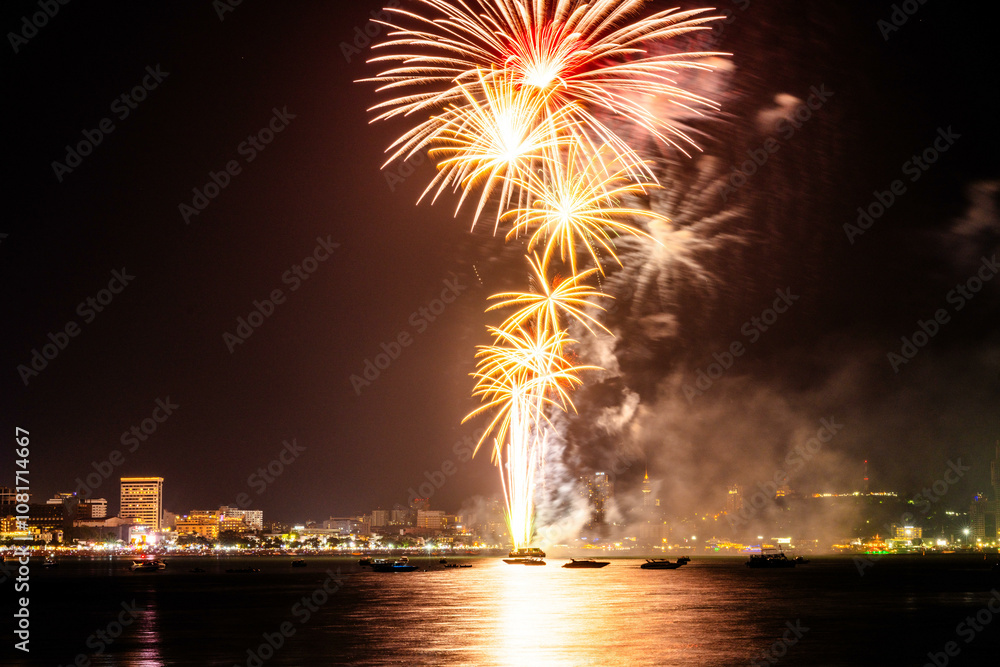 Brilliant red fireworks explode against a dark night sky, illuminating a cityscape below. Vibrant bursts and smoke create a festive, dynamic atmosphere, capturing the excitement of celebration. Brilliant red fireworks explode against a dark night sky, illuminating a cityscape below. Vibrant bursts and smoke create a festive, dynamic atmosphere, capturing the excitement of celebration.