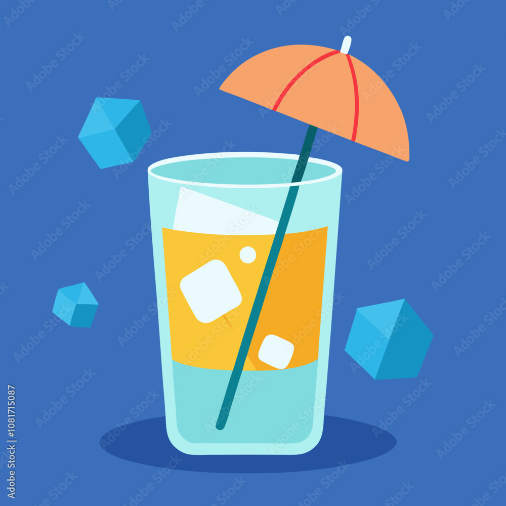 A glass with ice inside and umbrella on top A glass with ice inside and umbrella on top