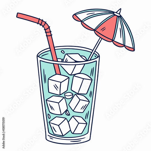 A glass with ice inside and umbrella on top