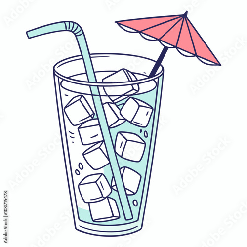 A glass with ice inside and umbrella on top