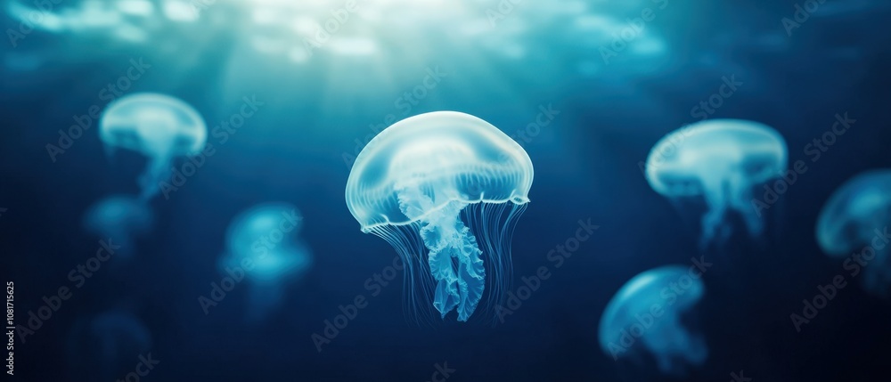 Naklejka premium A serene underwater scene featuring graceful jellyfish floating in the ocean.