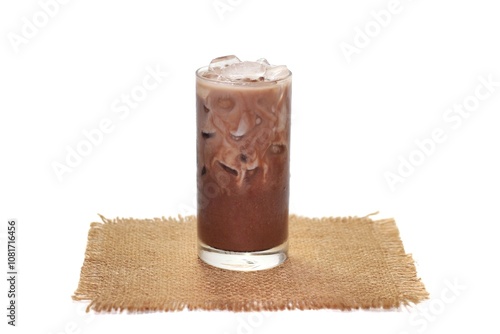 Ready for drink with ice mocha serving on sack in white background with isolated concept.