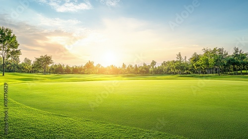 A golf course fairway, outdoor setting with soft sunlight, Elegant style