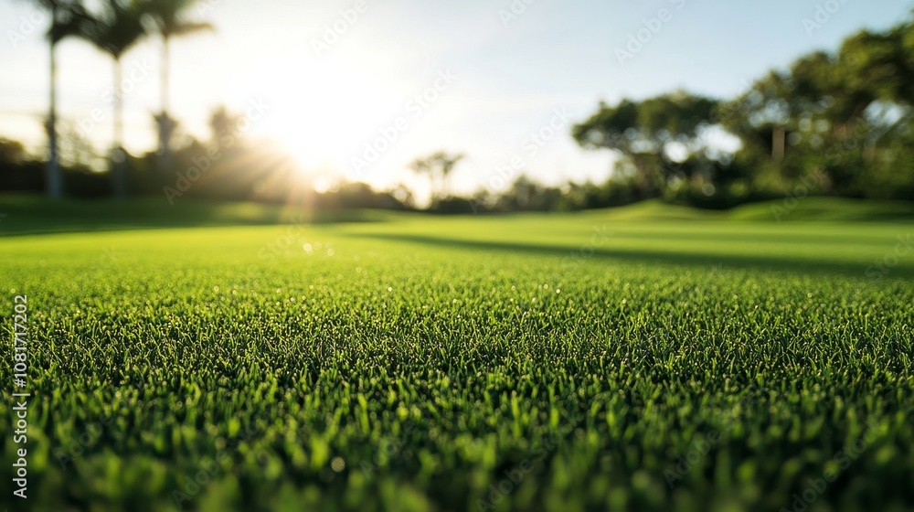 A golf course fairway with a focus on the neatly mowed grass, outdoor setting under soft sunlight, Elegant style A golf course fairway with a focus on the neatly mowed grass, outdoor setting under soft sunlight, Elegant style