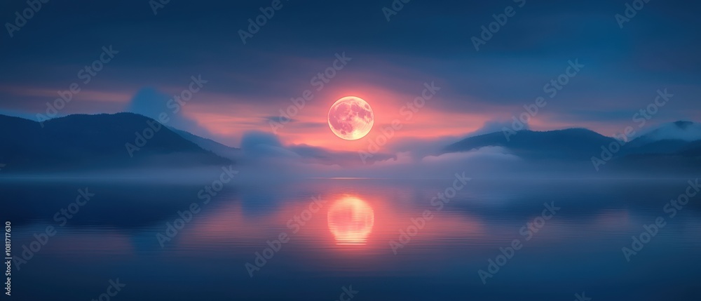 A serene landscape featuring a full moon reflecting on a calm lake at dusk. A serene landscape featuring a full moon reflecting on a calm lake at dusk.