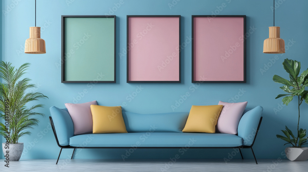 A simple, colorful design with empty frames on a soft background. This ...