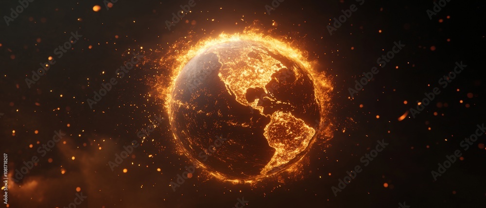 A fiery representation of Earth, symbolizing climate change and environmental challenges. A fiery representation of Earth, symbolizing climate change and environmental challenges.