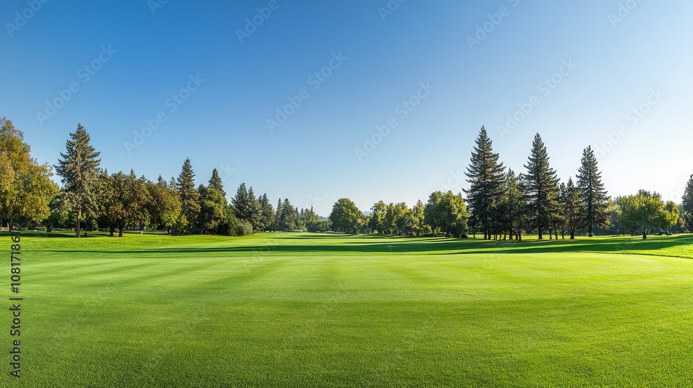 A golf course fairway with manicured grass, outdoor setting with distant trees, Serene style A golf course fairway with manicured grass, outdoor setting with distant trees, Serene style