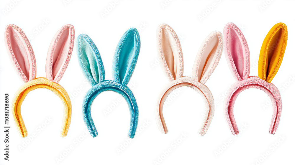 Cute bunny ears headbands in various colors, perfect for adding a playful touch to your designs. These headbands are isolated on a white background and ready to be used in your mockups. Cute bunny ears headbands in various colors, perfect for adding a playful touch to your designs. These headbands are isolated on a white background and ready to be used in your mockups.