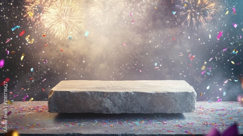 New year celebration background featuring an empty stone platform for product advertising and placement, surrounded by festive fireworks and colorful confetti for a joyful and vibrant holiday atmosphe photo