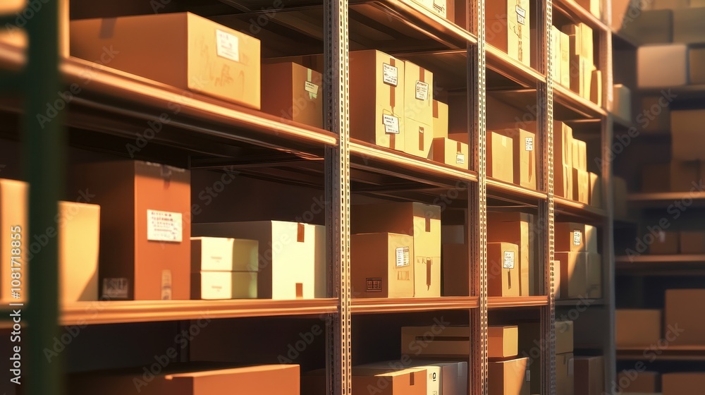 Shelves Filled with Boxes in Soft Evening Light Shelves Filled with Boxes in Soft Evening Light