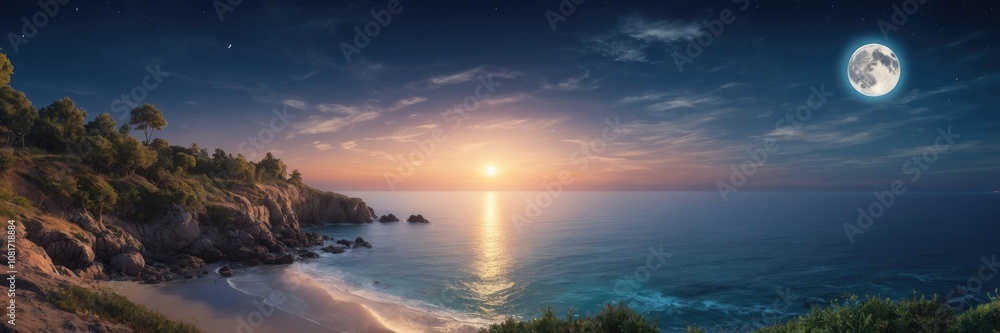 Fototapeta premium Full moon over a colorful blue sky at night above a coastline