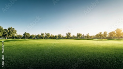 A golf course fairway with neatly trimmed grass, outdoor setting with sunlight, Elegant style