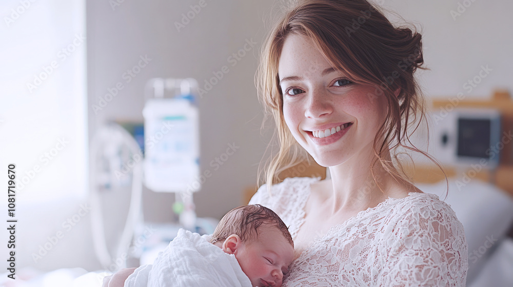 Canadian woman holding her newborn baby in hospital smiling with joy to child Canadian woman holding her newborn baby in hospital smiling with joy to child
