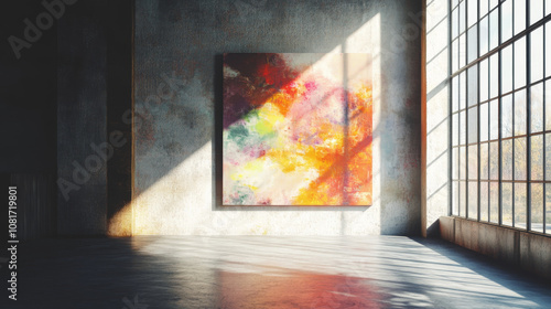 A spacious room with a blank wall, decorated with abstract art. The room is bathed in natural light, creating shadows. This would be a great backdrop for showcasing products.