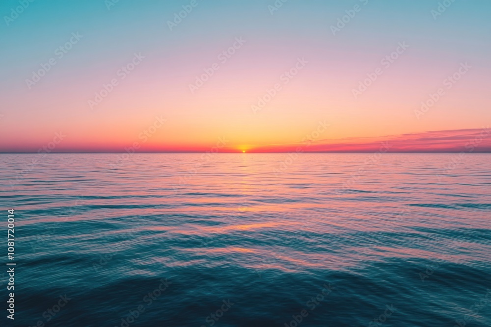 Obraz premium A colorful sunset over a calm ocean with the horizon in the distance.
