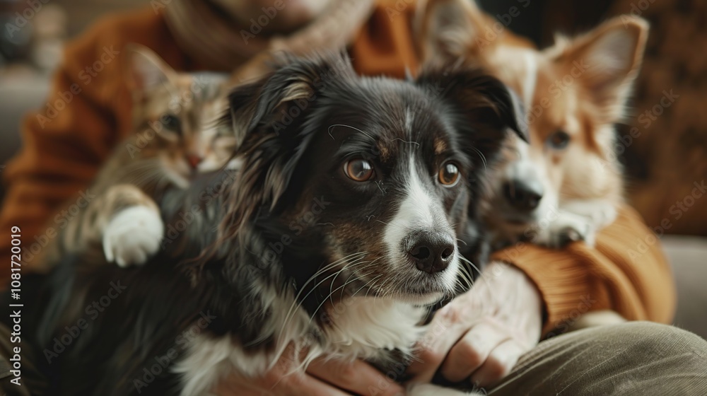 A man sits on a couch with a black and white dog, a brown and white dog, and a tabby cat in his lap. The man is wearing a brown sweater and the dogs and cat are looking at the camera. A man sits on a couch with a black and white dog, a brown and white dog, and a tabby cat in his lap. The man is wearing a brown sweater and the dogs and cat are looking at the camera.