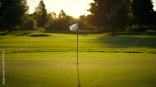 A golf course flagstick and hole cup, outdoor setting with green fairway, Lush style