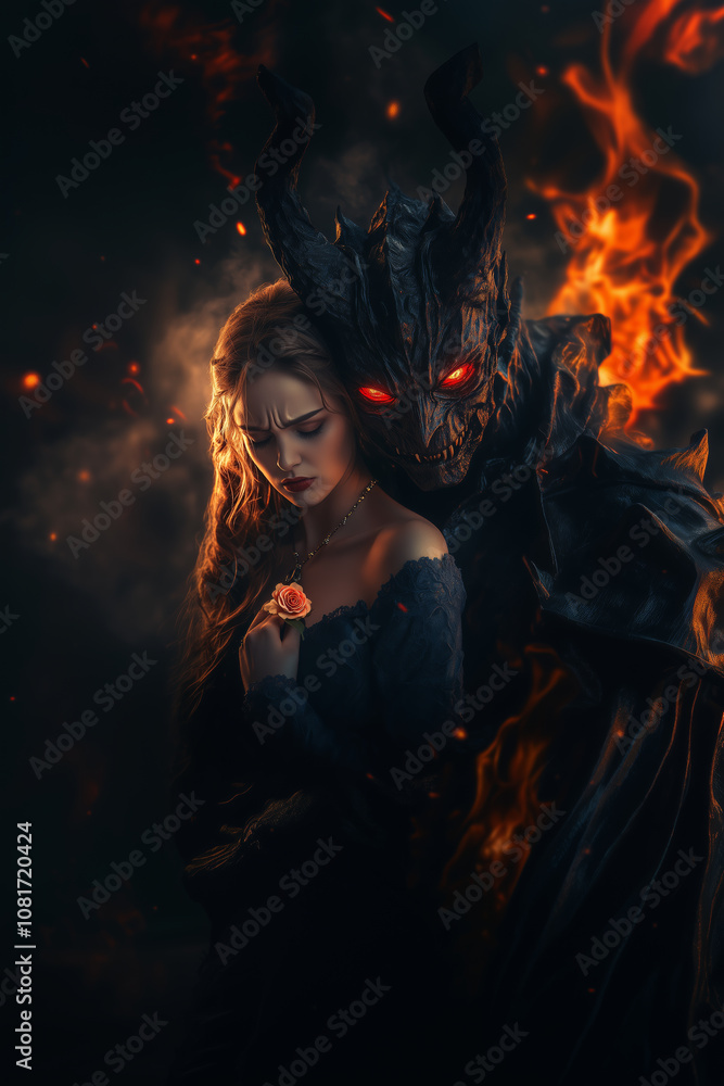 Mysterious encounter between a woman and a dark figure in a fiery landscape at twilight Mysterious encounter between a woman and a dark figure in a fiery landscape at twilight