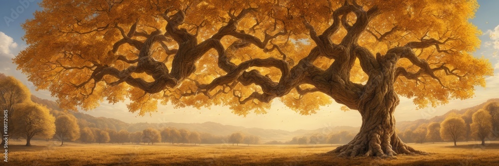 Naklejka premium Majestic Walnut tree in the midst of a golden autumn landscape, lush yellow and orange leaves