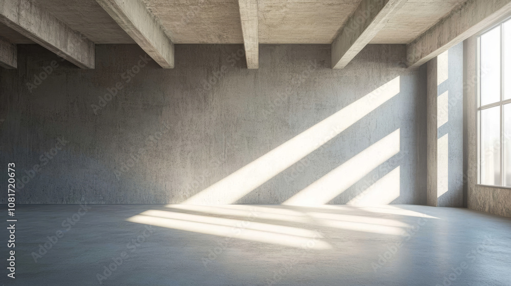 This is a modern, simple room with large geometric beams on the wall. The room is empty, with natural shadows creating a dramatic look. It's perfect for showcasing products or artwork. This is a modern, simple room with large geometric beams on the wall. The room is empty, with natural shadows creating a dramatic look. It's perfect for showcasing products or artwork.