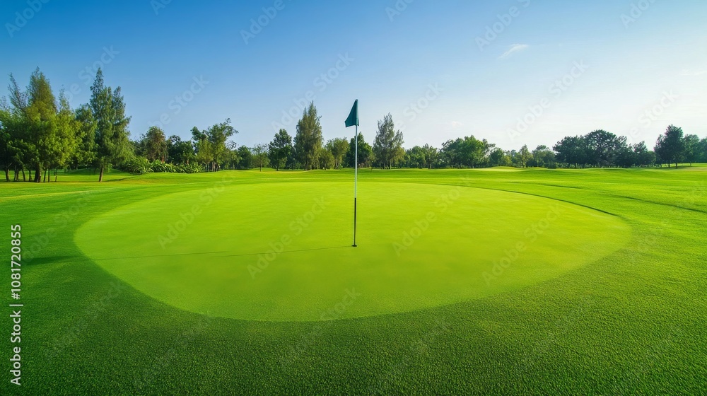 Obraz premium A golf course green with the flagstick and hole, outdoor setting with a clear horizon, Elegant style