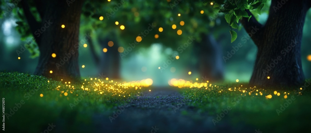 Naklejka premium A magical pathway illuminated by glowing fireflies in a serene forest.