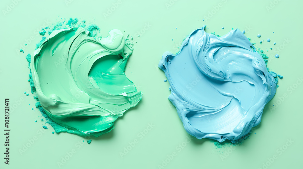 Two sets of pastel green and turquoise blue paint blobs, smudges, and swatches. These designs are perfect for creating mockups, artwork, or graphics. Two sets of pastel green and turquoise blue paint blobs, smudges, and swatches. These designs are perfect for creating mockups, artwork, or graphics.