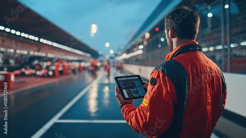 A Racing Team Member Reviews Data on a Tablet at a Track