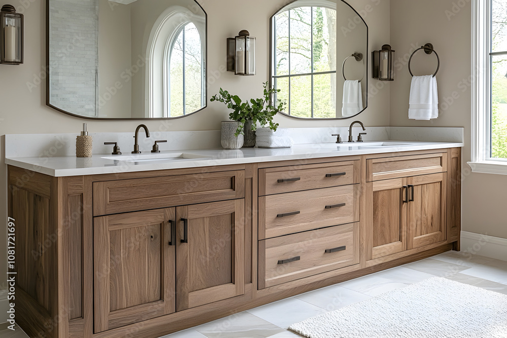 Fototapeta premium Modern bathroom with wooden cabinets and lights interior design