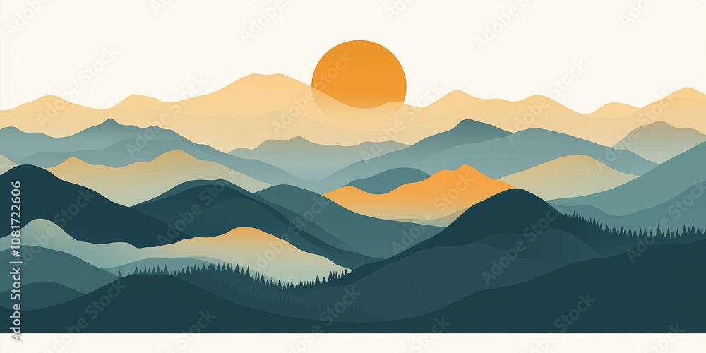 Abstract minimal background with mountain and sunset. Generated AI