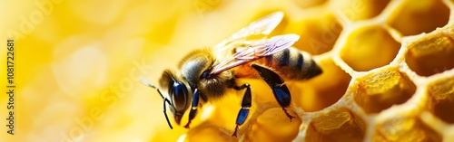 A solitary bee moves carefully among the honeycomb, gathering nectar and pollen in a vibrant garden during a bright late afternoon. Sunlight illuminates the scene. With copy space for text.